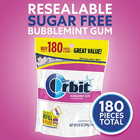 ORBIT Bubblemint Sugarfree Gum, 8.8-Ounce Resealable Bag, 180 Pieces